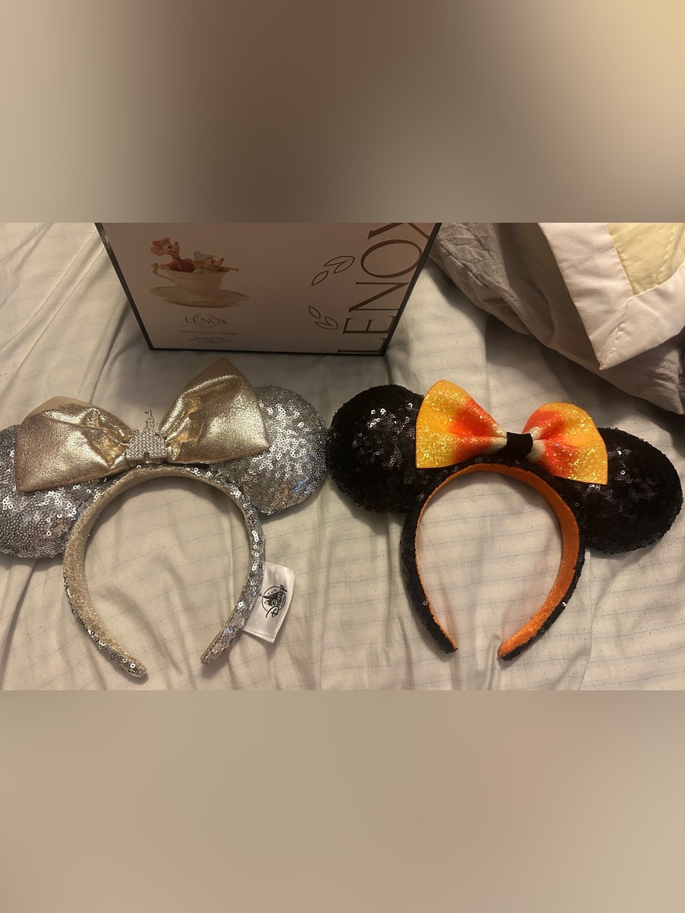 Disney Sequin Minnie Ear Headbands in Silver and Black with Gold-Orange Bow